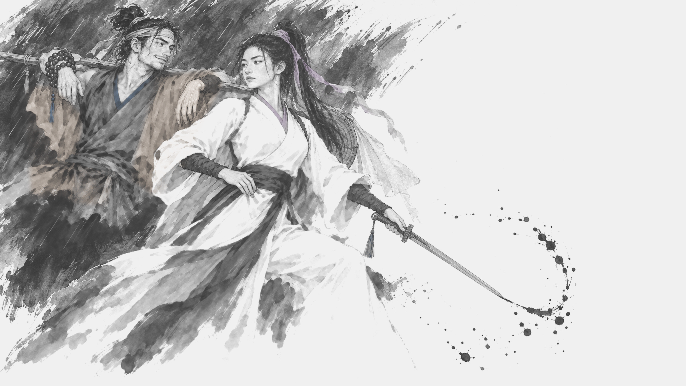 照雪庵女劍客振劍甩墨，曇林寺弟子在她身後扛棍微笑。