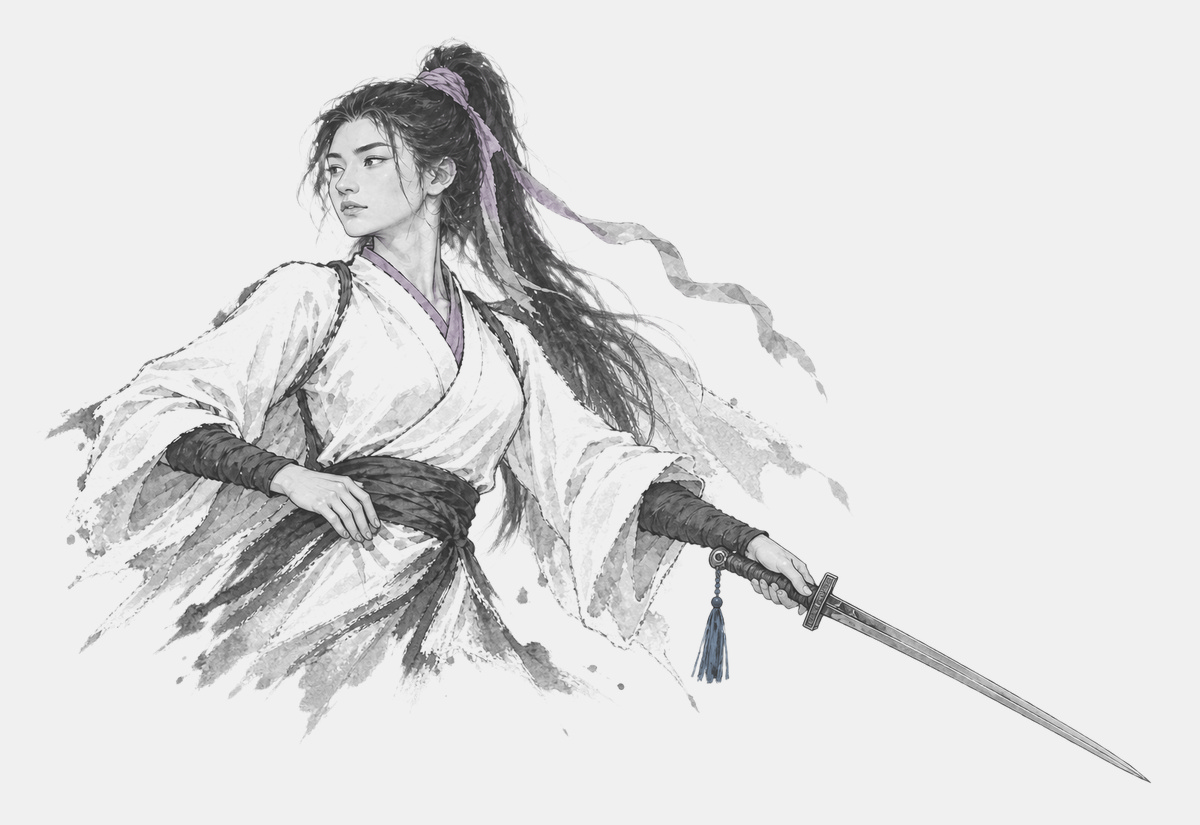 女劍客振劍的說書畫心。