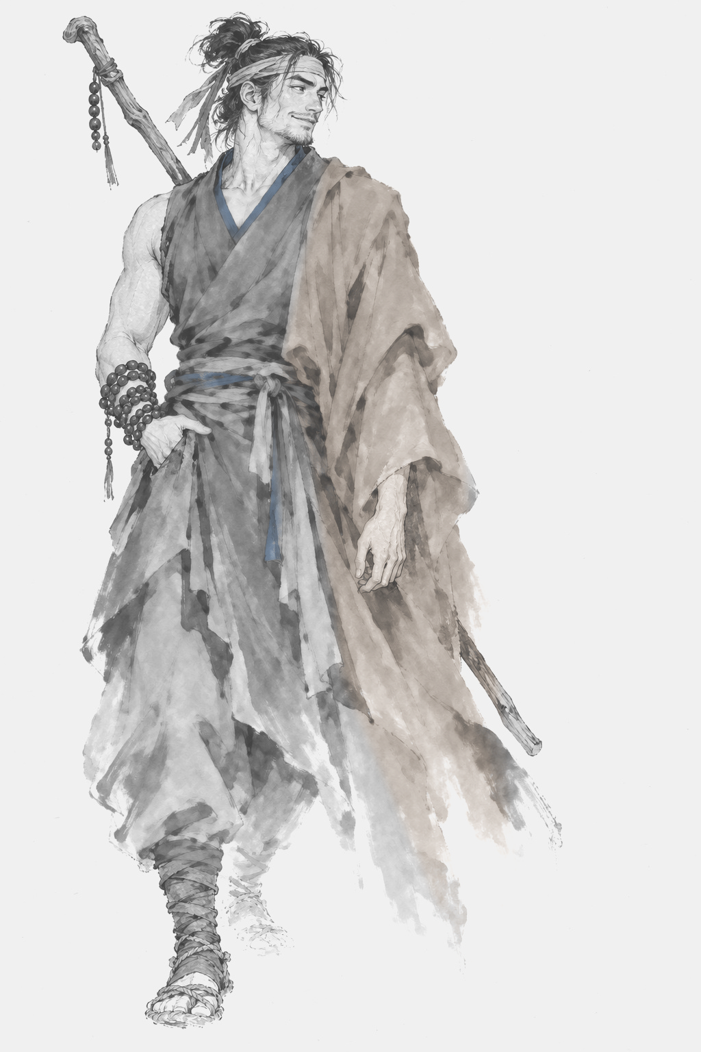 曇林寺俗家弟子全身立繪，披赭石外袍，背負老藤棍。