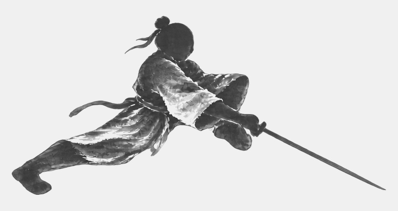振劍姿勢示意圖：取自這一招的動作畫格，以 AI 改成墨畫筆觸。