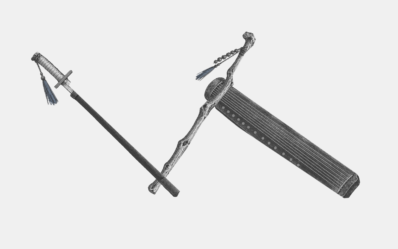 斜放的霜溪劍、老藤棍、七弦十三徽的斷紋琴。